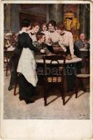 1917 Der Stammgast. Kriegspostkarten von B. Wennerberg Nr. 11. / WWI German military art postcard, officer with ladies s: B.W. (EM)