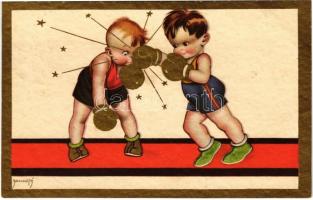 1930 Olasz művészlap, Ökölvívó gyerekek / Italian art postcard, childrens box match, sport. Degami 2203. (fl)