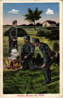 1916 Unsere Braven im Felde / WWI Austro-Hungarian K.u.K. military art postcard, soldiers on the field. M.M.S.W. III/2. + K.u.K. Etappenstationskommando (EK)