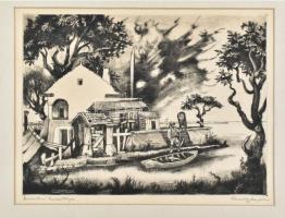 Remsey Jenő (1885-1980): Balatoni halásztanya. Rézkarc, papír, jelzett. Paszpartuban, 29×39 cm