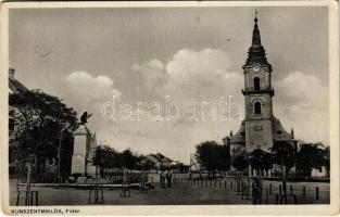 1932 Kunszentmiklós, Fő tér, templom, Turul szobor (EK)