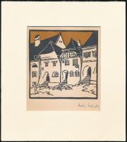 Kós Károly (1883-1977): Utcarészlet. Linómetszet, papír, utólagos jelzéssel, paszpartuban, 11×11 cm