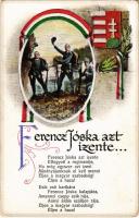 Ferencz Jóska azt izente... / WWI Austro-Hungarian K.u.K. military art postcard, Hungarian patriotic propaganda with coat of arms and flag (kopott sarkak / worn corners)