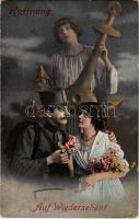 1917 Hoffnung. Auf Wiedersehen! / WWI Austro-Hungarian K.u.K. military art postcard, romantic couple (EK)