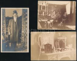 cca 1900-20 Régi nagypolgári enteriőrök, 3 db vintage fotó és fotólap, jelzés nélkül, egyik feliratozva (Mici lakása Münchenben), 9x11,5 és 9x14 cm közötti méretekben