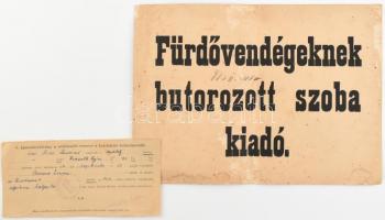 cca 1946 Fürdővendégeknek butorozott szoba kiadó, hirdetés, nyomtatvány, hajtott, foltos, 21x31 cm + Igazolószelvény a szállásadó részére a bejelentés teljesítéséről.