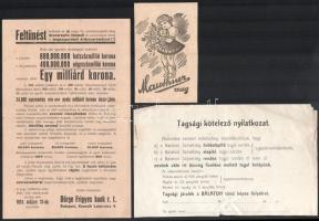 cca 1920-1940 Vegyes reklám tétel, közte: Dörge Frigyes Bank Rt. sorsjegy prospektusa, Credo katolikus férfiak lapja prospektusa, Balaton folyóirat tagsági nyilatkozata, Fonciére Általános Biztosító Intézet vadászattal kapcsolatos prospektusa. Változó állapotban.