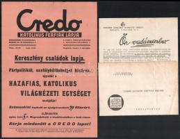 cca 1920-1940 Vegyes reklám tétel, közte: Dörge Frigyes Bank Rt. sorsjegy prospektusa, Credo katolik...