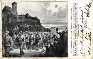 1914 Nach dem Rückzuge der russischen Truppen marschieren Vortruppen der k.u.k. Armee in Wolbrom, 23 Kilometer nördlich der Grenze, ein und werden von der polnischen Bevölkerung mit großem Jubel als Befreier begrüßt / WWI Austro-Hungarian K.u.K. military art postcard (EB)