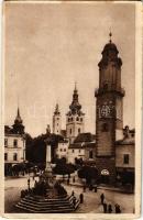 Besztercebánya, Banská Bystrica; Mestsky dom so zvonicou a farnym kostolom / Városháza, Plébániatemplom és harangtorony, Emil Skoda üzlete / town hall, parish church, bell tower, shops (kopott sarkak / worn corners)