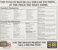 cca 1984 Yugo autó amerikai reklám hátoldalán technikai részletekkel 27x23 cm
