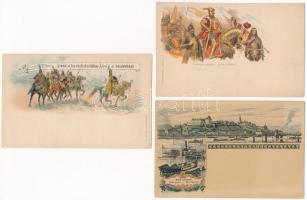 3 db RÉGI barna 2 Ga. díjjegyes Ezredéves Kiállítás művészlap / 3 pre-1900 brown Ga. Hungarian Millenium Exposition art postcards