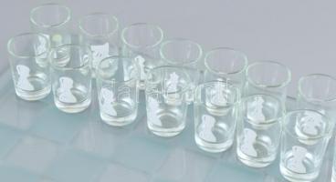 Üveg, likőrös sakk játék, original dobozban, 35,5x35,5cm, hibátlan