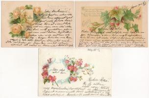 3 db RÉGI virágos litho üdvözlőlap / 3 pre-1900 litho flower greeting cards