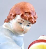 Zsolnay búgócsigás kisfiú, kézzel festett, jelzett (Sinkó András), hibátlan, 15,5×8,5×12 cm