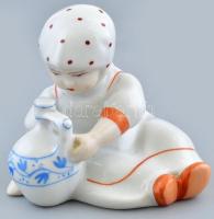 Zsolnay porcelán kislány korsóval, kézzel festett, jelzett, kopásnyomokkal, m:7,5 cm (tervező:Sinkó András)
