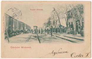 1901 Módos, Jasa Tomic; vasútállomás, vonat, gőzmozdony. Lustein Márcus kiadása / Bahnhof / railway station, train, locomotive (EK)
