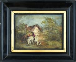 E. Weber jelzéssel: Lovas kutyájával. Olaj, falemez. Dekoratív, sérült fa keretben. 18×24 cm