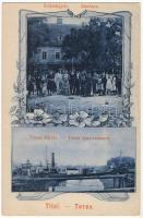 1909 Titel, Tiszai kikötő, gőzhajó, Selyemgyár. Szuboticski Szimó kiadása / port, steamships, silk factory, silk mill. Art Nouveau, floral (EK)