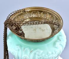 Örökmécs tartó, üveg, réz, kopott, hiányos, m:80cm lánccal