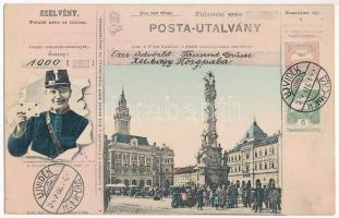 Újvidék, Novi Sad; Szentháromság szobor, Városháza, piac. Posta-Utalvány montázs postással és pecsétekkel. Milan Ivkovic kiadása / town hall, Holy Trinity statue, market. Postal money order montage with postman and stamps (fl)