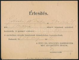 1930 Bp., Pesti Izr. Hitközség Rabbinátusa mint anyakönyvi hivatal által küldött értesítés