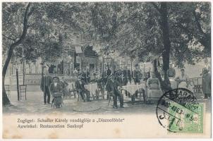 1906 Budapest XII. Zugliget, Schaffer Károly vendéglője a Disznófőhöz, vendégek és pincérek a kertben. Schwartz J. kiadása. TCV card (fl)