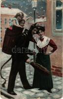 1907 Krampus with lady and kids (kopott sarkak / worn corners)