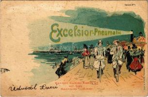 1899 (Vorläufer) Excelsior Pneumatic. Hannov. Gummi-Kamm Co. Act-Ges. Hannover-Limmer / German bicycle and tire shop advertisement art postcard with lady on bicycle. Edler & Krische Serie C. No. 1. litho (felületi sérülés / surface damage)