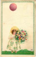 1918 Girl with flowers and balloon. P.J.G.W.I. Nr. 506-1. s: August Patek (EB)