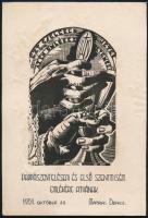 Jelzés nélkül: Mátrai Dénes (1929-?) pappászentelési grafikai emléklapja, 1951. Fametszet, papír. Kartonra ragasztva. 28,5×19,5 cm