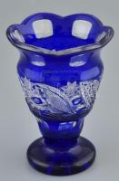 Kék ólomkristály váza, kopásnyomokkal m: 16cm