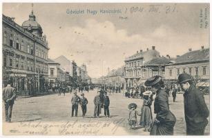 1904 Nagykanizsa, Fő út, Ifj. Wajdits József üzlete, Takarékpénztár. Montázs hölgyekkel és urakkal. Alt és Böhm kiadása (szakadás / tear)