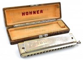 Hohhner szájharmonika, dobozban, Németország, 1930 körül. Chromonika III No. 870 modell C hangnemben, 16 szimpla lyukkal és 64 náddal. Dobozban. h:20cm
