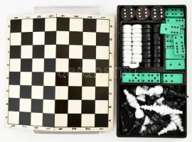 Mini retró műanyag domino és sakk, kopott, tokban 15x8 cm