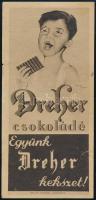 cca 1930 Dreher csokoládé és keksz számolócédula, lapszéli szakadásokkal, hátoldalán Kántor Imre szentesi kereskedő pecsétjével