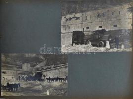 cca 1910-1920 Fényképalbum, kb. 25 db I. világháborús fotóval, részben a Dolomitokban, többféle érdekességgel (bunker, katonai temető, trén stb.) és kb. 50 db egyéb fotóval, zsínórfűzésű papíralbumban