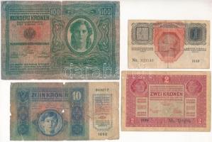 1915. 10K + 1916. 1K + 1917. 2K + Ausztria 1912. 100K, vízszintes "DEUTSCHÖSTERREICH" felü...