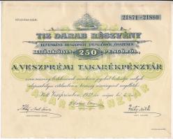 Veszprém 1932. A Veszprémi Takarékpénztár Részvénytársaság 10db részvénye egyben, összesen 250P-ről, szárazpecséttel, szelvényekkel T:II