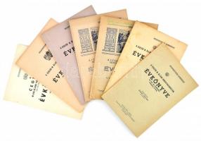 cca 1941-48, 7 db Ceglédi M. Állami Kossuth Gimnázium évkönyv papírkötésben, egyik borítója kissé foltos, részben jelölésekkel, 1944-45 duplum.
