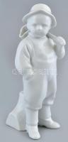 Zsolnay fehér mázas porcelán kalapos kisfiú, jelzett, sérüléssel, m: 19 cm