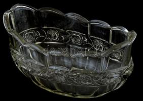 Rózsamintás üveg kínálótál, kopásnyomokkal, apró csorbákkal, 25×14×12 cm