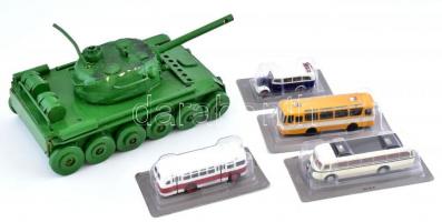 Játék harckocsi, fa-fém, kissé sérült, jelzés nélkül, h: 31 cm és 4 db buszmakett eredeti csomagolásban