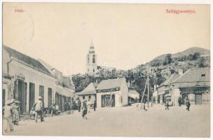 1914 Szilágysomlyó, Simleu Silvaniei; Fő tér, templom, Schupiter János, Nagy Sándor és Verecz üzlete, férfi szabó / main square, church, shops