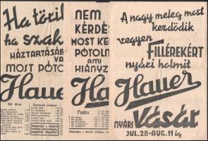 cca 1910-40 vegyes reklám nyomtatvány tétel, össz. 9 db: Hauer Békéscsaba (3 db); Dr. Südy Ernő Megváltó Gyógyszertára Békéscsaba; Weisz Sándor Bp., József-krt 71., stb, hajtásnyomokkal, részben kisebb szakadásokkal, klf. méretekben