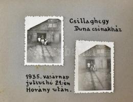 1937 Óbuda, Csillaghegy 37 db szépen feliratozott fotó kis albumban, nagyrészt családi, de városképesek is, csónakház, stb, Zápor utca 4x6 cm