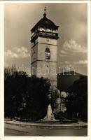 1943 Rozsnyó, Roznava; Gróf Andrássy Dénesné szobra a várostoronnyal, irredenta felirat. Fuchs József kiadása / statue, watchtower with Hungarian irredenta propaganda