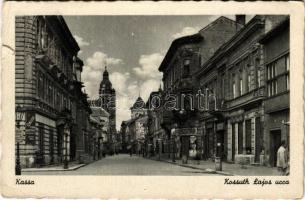 1942 Kassa, Kosice; Kossuth Lajos utca, illatszertár, üzletek / street view, shops (szakadás / tear)