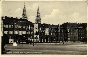 1931 Szeged, Gizella tér a püspöki rezidenciával, villamos Dreher baksör reklámmal (EK)