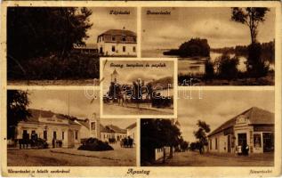 1938 Apostag, Táj, Duna, Evangélikus templom és paplak, utca, Hősök szobra, üzlet, Bencze Nővérek kiadása (Rb)